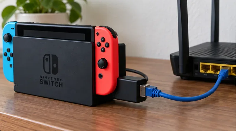 Una Nintendo Switch conectada a la base se conecta mediante un adaptador USB LAN y un cable Ethernet al puerto LAN del router.