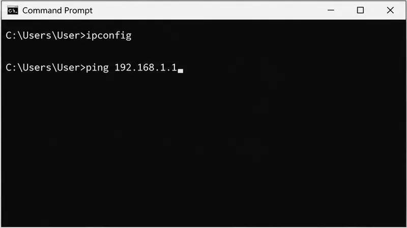 En el símbolo del sistema de Windows se muestra la salida de ipconfig y un comando ping a una dirección de enrutador de ejemplo, sin ninguna salida de prueba.