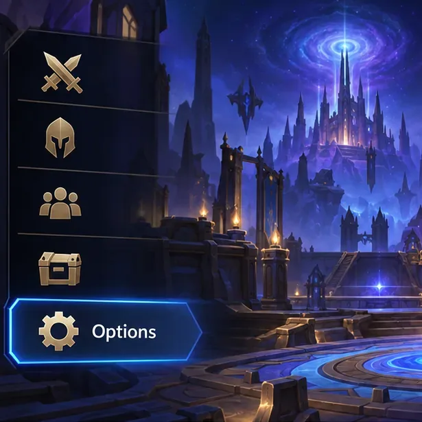 Heroes of the Storm-style main menu with the Options button highlighted in the lower-left menu