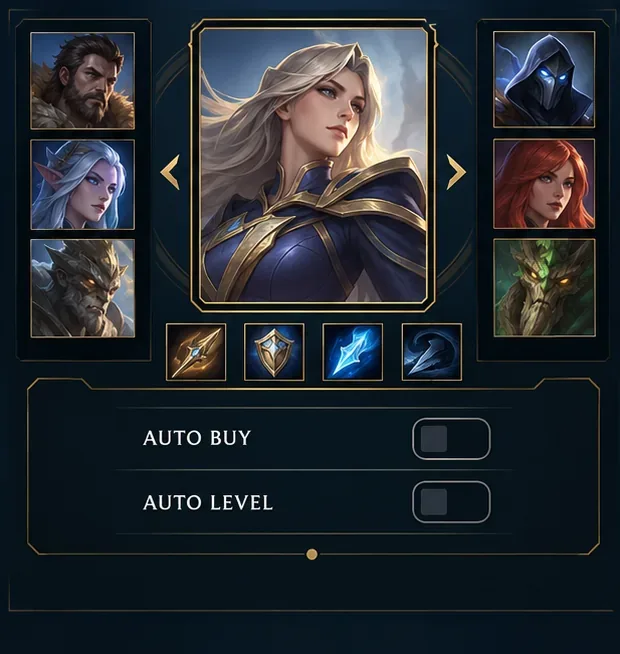 Conceptual god-selection menu with both Auto Buy and Auto Level switches inactive.