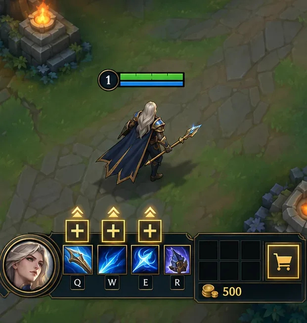 Conceptual MOBA match HUD showing unspent ability upgrade buttons and an item shop icon for manual choices.