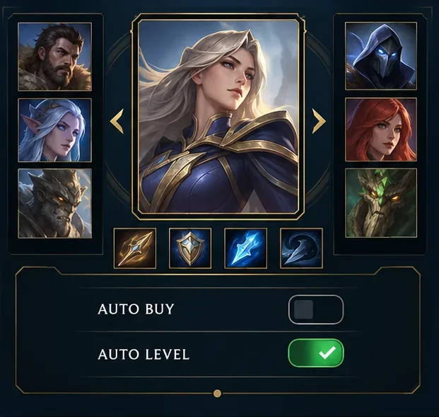 Conceptual pre-match menu with Auto Buy switched off and Auto Level still active.
