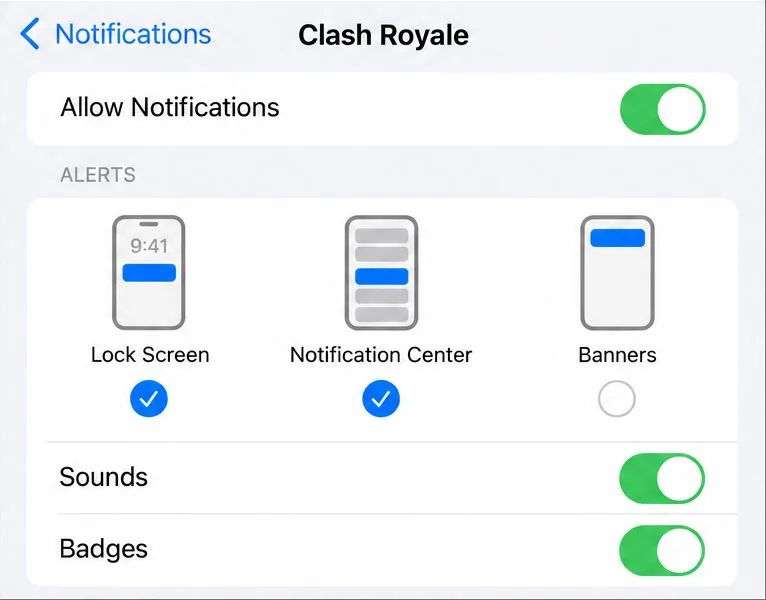 Paramètres de notification de Clash Royale sur iPhone avec l'écran de verrouillage et le centre de notifications sélectionnés, mais les bannières décochées.
