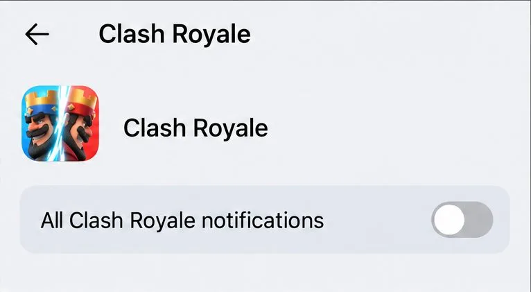 Page de notifications de l'application Android Clash Royale avec les notifications principales désactivées.