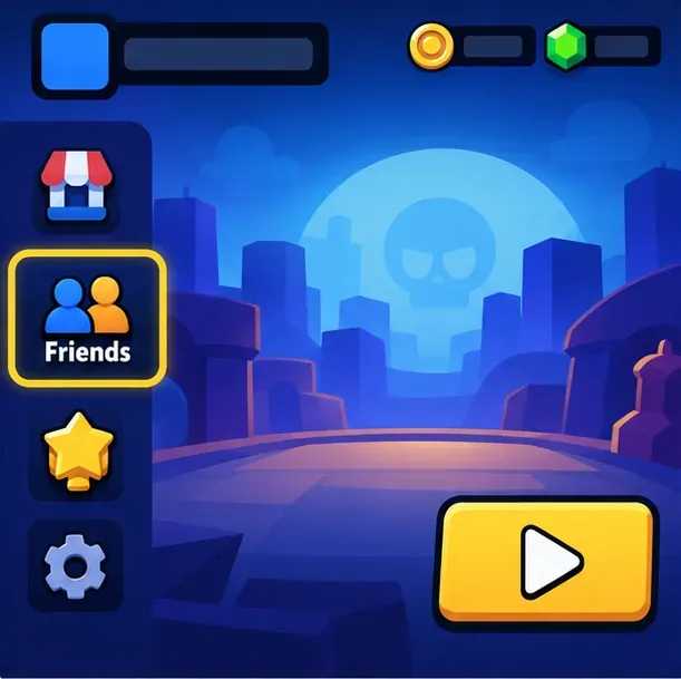 Illustration d'un lobby de style Brawl Stars avec le bouton Amis mis en évidence dans le menu de gauche.