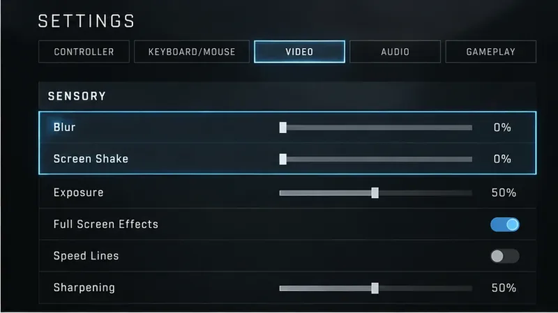 Écran des paramètres vidéo de style Halo Infinite affichant la section Sensorielle avec le flou et les tremblements d'écran à 0 %.