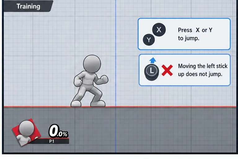 Illustration du mode Entraînement comparant le bouton Sauter au mouvement du joystick gauche vers le haut.
