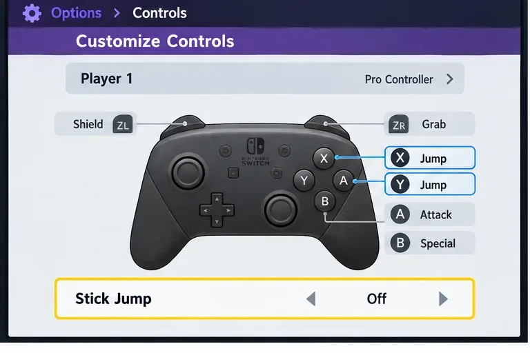 Illustration des paramètres de la manette montrant le Stick Jump désactivé et le Jump assigné aux boutons