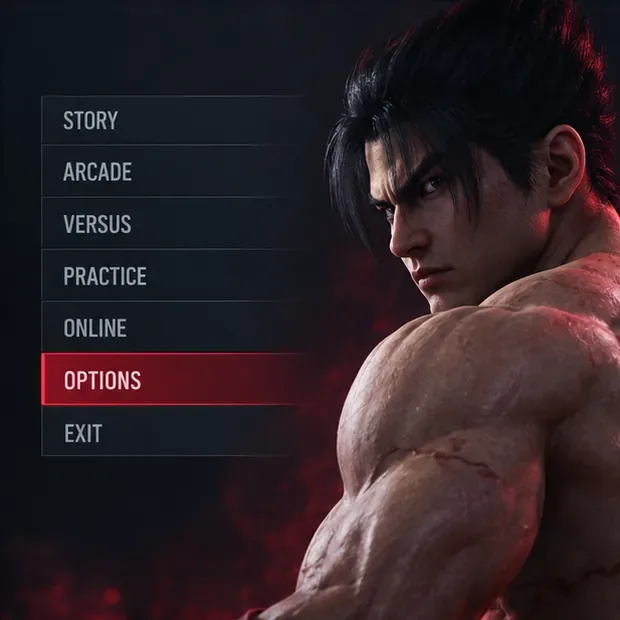 Menú principal ilustrativo al estilo de Tekken 8 con las opciones resaltadas.