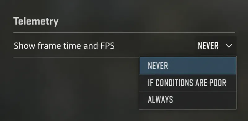 Telemetry frame time and FPS selector with Never highlighted in an open dropdown.