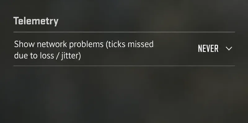 Telemetry network problems row describing ticks missed due to loss or jitter, set to Never.