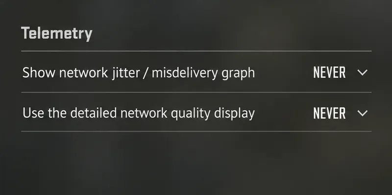 Telemetry network jitter graph and detailed network quality display rows, both set to Never.