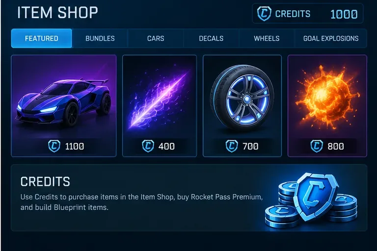 Item Shop-style screen with car, boost, wheel, goal effect, and a Credits balance
