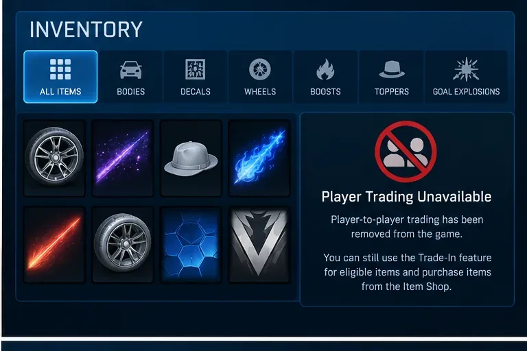 Inventory-style screen showing cosmetic items and a notice that player trading is unavailable