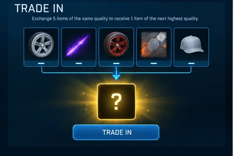 Trade In screen showing five cosmetic items feeding into one mystery reward