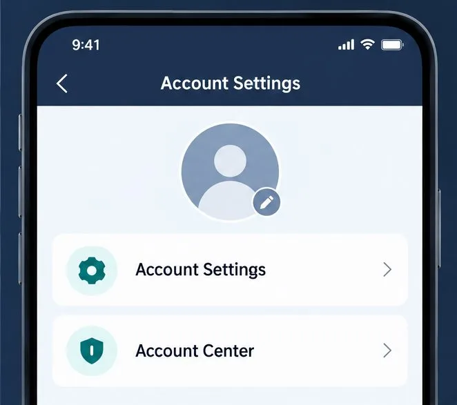 A generic mobile account menu shows Account Settings and Account Center beneath a profile avatar