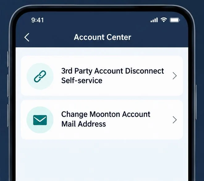 A generic Account Center screen displays the options 3rd Party Account Disconnect Self-service and Change Moonton Account Mail Address