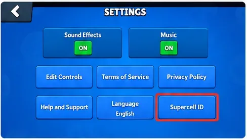 Pantalla de configuración de Brawl Stars con el botón Supercell ID resaltado.