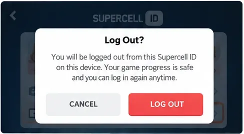 Diálogo de confirmación que solicita al jugador que confirme el cierre de sesión de su ID actual de Supercell.