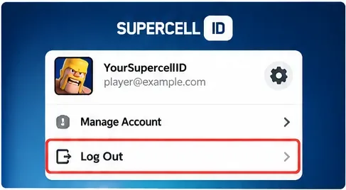 Panel de la cuenta de Supercell ID con la opción Cerrar sesión resaltada.