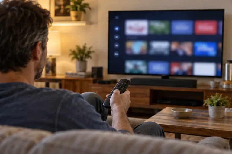 A seated viewer points a remote at a television displaying rows of indistinct streaming tiles