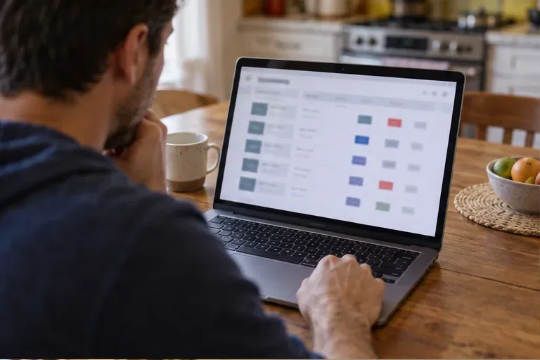 An adult fan looks at a schedule grid on a laptop at a kitchen table