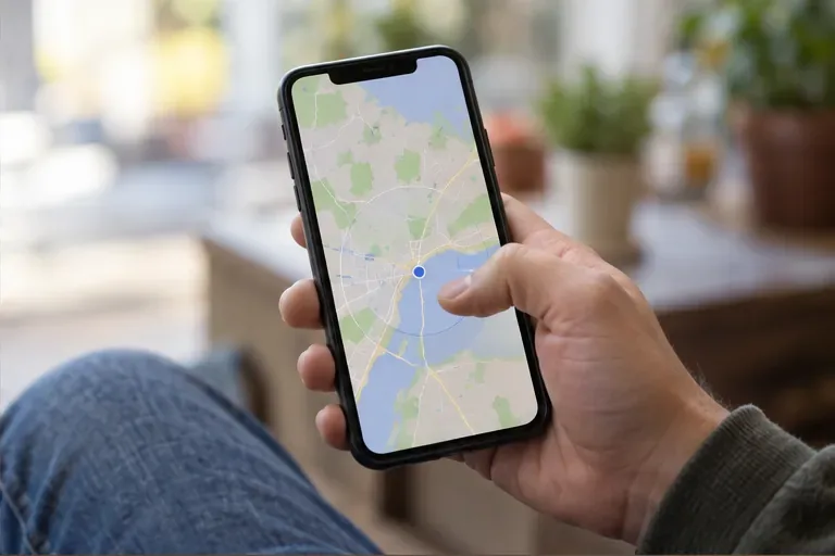 A hand holds a smartphone displaying a simple map with a blue location marker