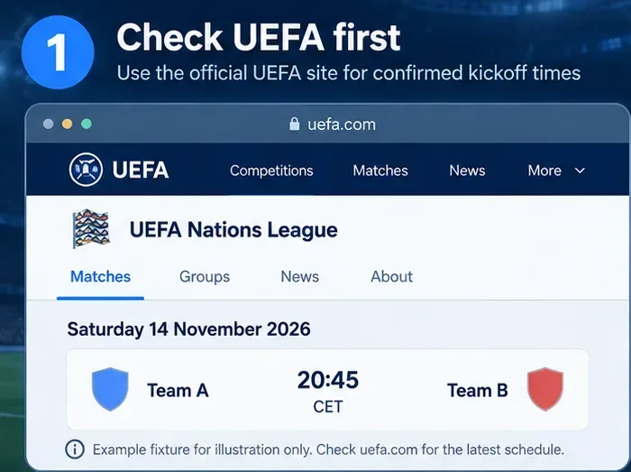 Illustrative UEFA Nations League fixture panel showing a sample 20:45 CET kickoff on November 14, 2026