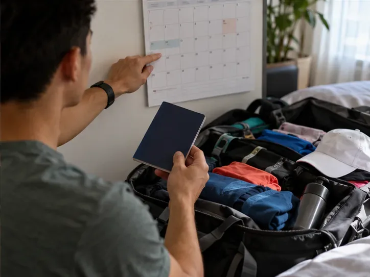 A runner points to a wall calendar while holding a passport beside an open bag packed with running gear, planning travel around race dates.
