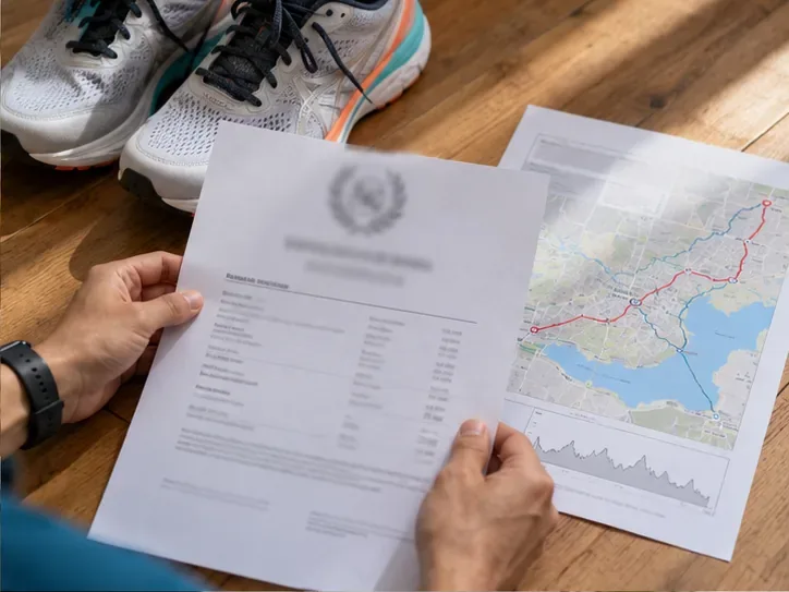 A runner holds a printed marathon result beside running shoes and a course map while reviewing qualifying evidence.