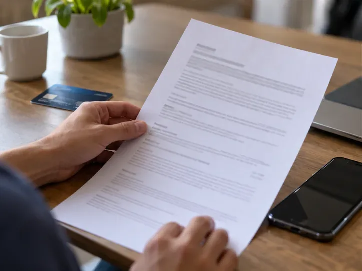 A person reviews a printed race fee and cancellation policy beside a payment card and phone, with the printed text unreadable.