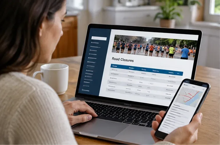 Resident checking an official marathon road-closure page on a laptop while comparing the route on a phone.