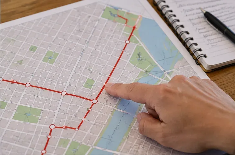 Finger locating a specific marathon route segment and cross street on a printed city map.