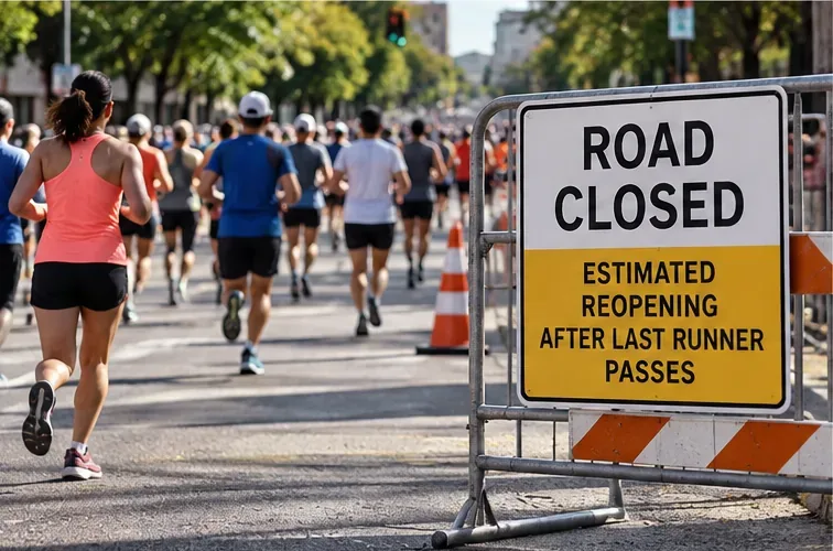 Marathon runners passing a barricade sign that says the road is closed and reopening is estimated after the last runner passes.