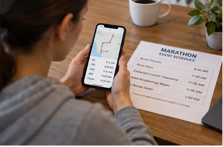 Resident comparing a marathon event schedule with route timing on a smartphone before race day.