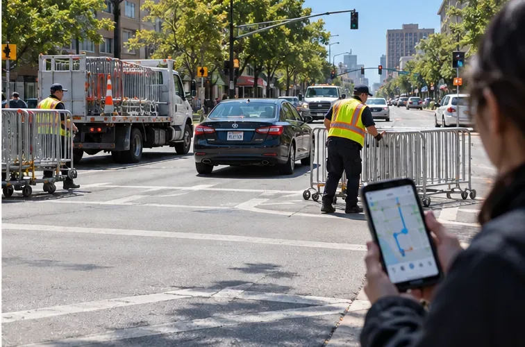 Crews removing marathon barricades as normal vehicle traffic begins moving through the reopened intersection.