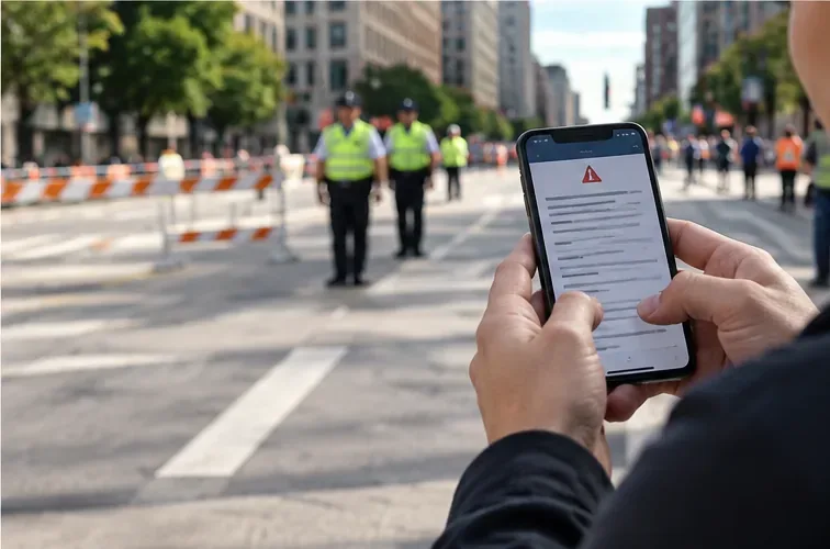 Person checking a phone alert beside a closed marathon street while traffic officers stand near barricades.