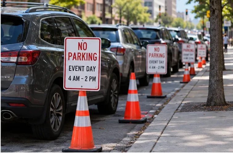 Cars parked beside temporary no-parking signs and traffic cones for marathon event day.