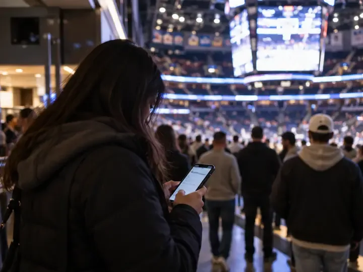 A fan checks a smartphone in a basketball arena concourse before a game.