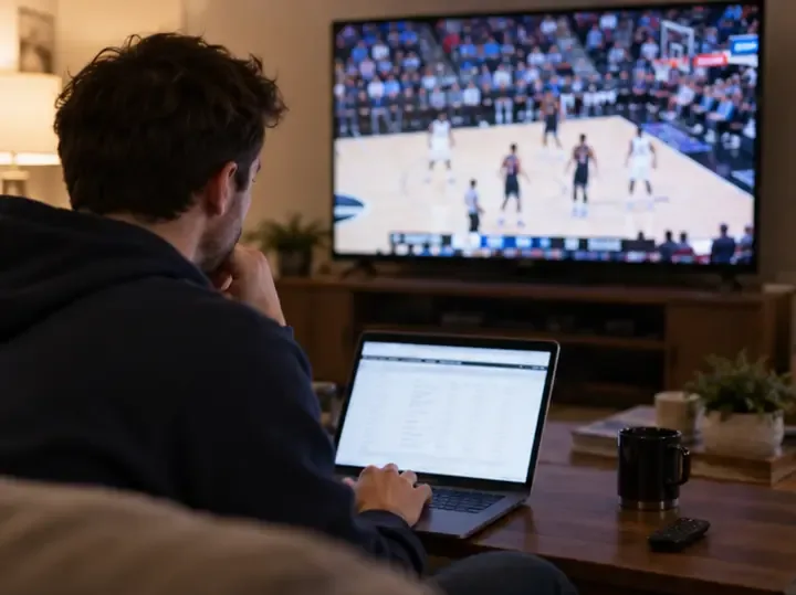 A basketball fan checks a laptop while watching a game at home.