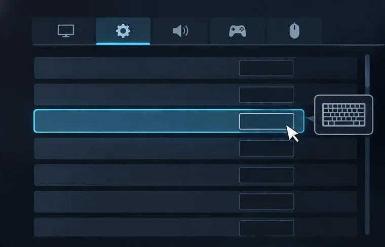 Una pantalla de controles genérica y oscura con una fila de teclas vacía resaltada, un símbolo de teclado y un cursor sobre el campo de entrada. Ilustra cómo comprobar la acción de la tienda de objetos en el menú de teclas activo.
