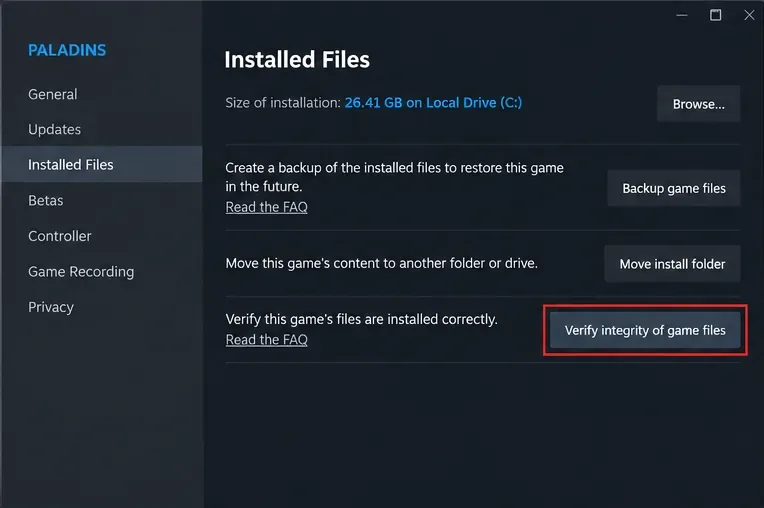 Steamのインストール済みファイルページで、「ゲームファイルの整合性を確認」ボタンがハイライト表示されている。