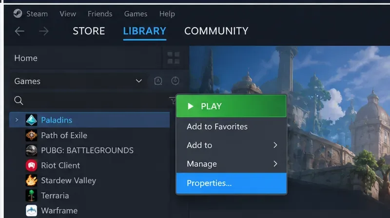 SteamライブラリでPaladinsが選択され、そのプロパティメニュー項目が表示されている状態。