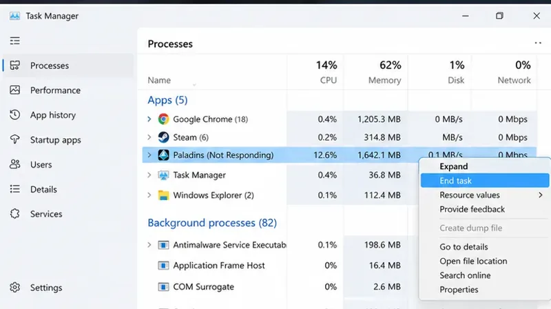 Windowsタスクマネージャーで、プロセスメニューに「タスクの終了」が表示された状態でPaladinsが選択されている。