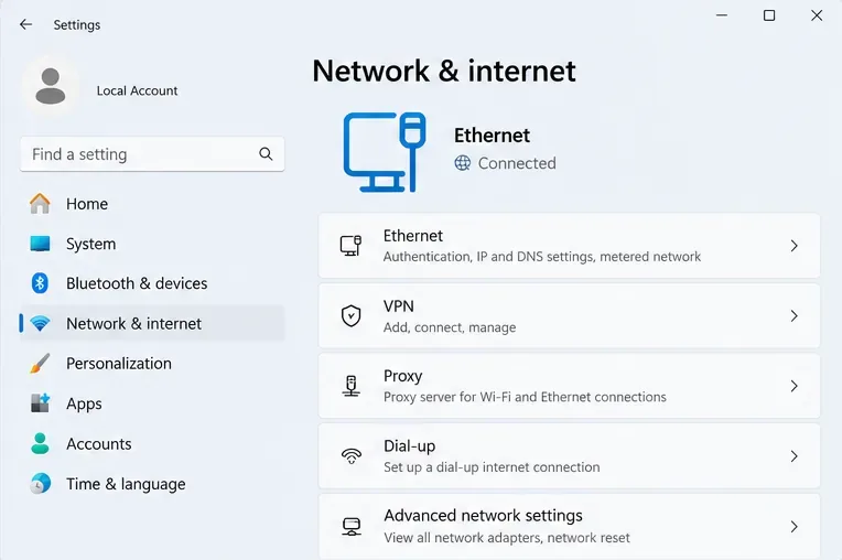 Windowsのネットワークとインターネットの設定でイーサネット接続の状態が表示されている