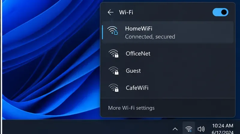 WindowsのWi-Fi接続パネルに、接続されているホームワイヤレスネットワークが表示されます。