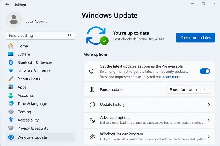 更新プログラムの確認コントロールが表示されたWindows Updateページ