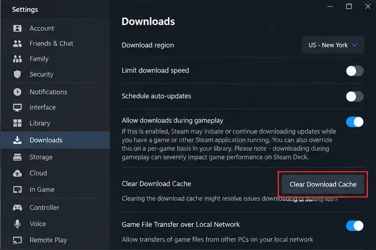 Steamのダウンロード設定に「ダウンロードキャッシュをクリア」コントロールが表示される