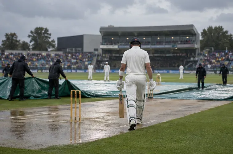 A batter in white cricket clothing walks toward the crease as ground staff begin removing rain covers.