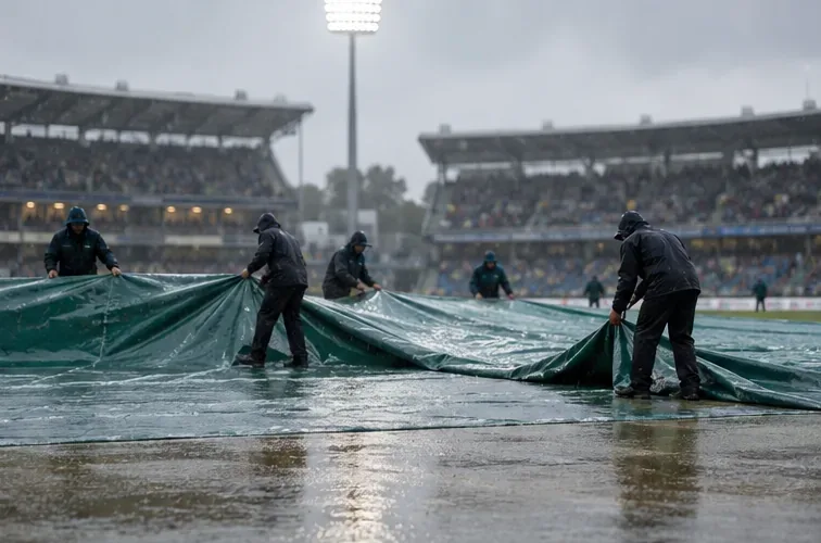 Ground staff spread a large protective cover over a wet cricket pitch during a rain delay.